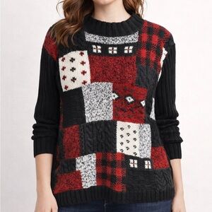 Liz Claiborne Red and Black Patchwork Sweater